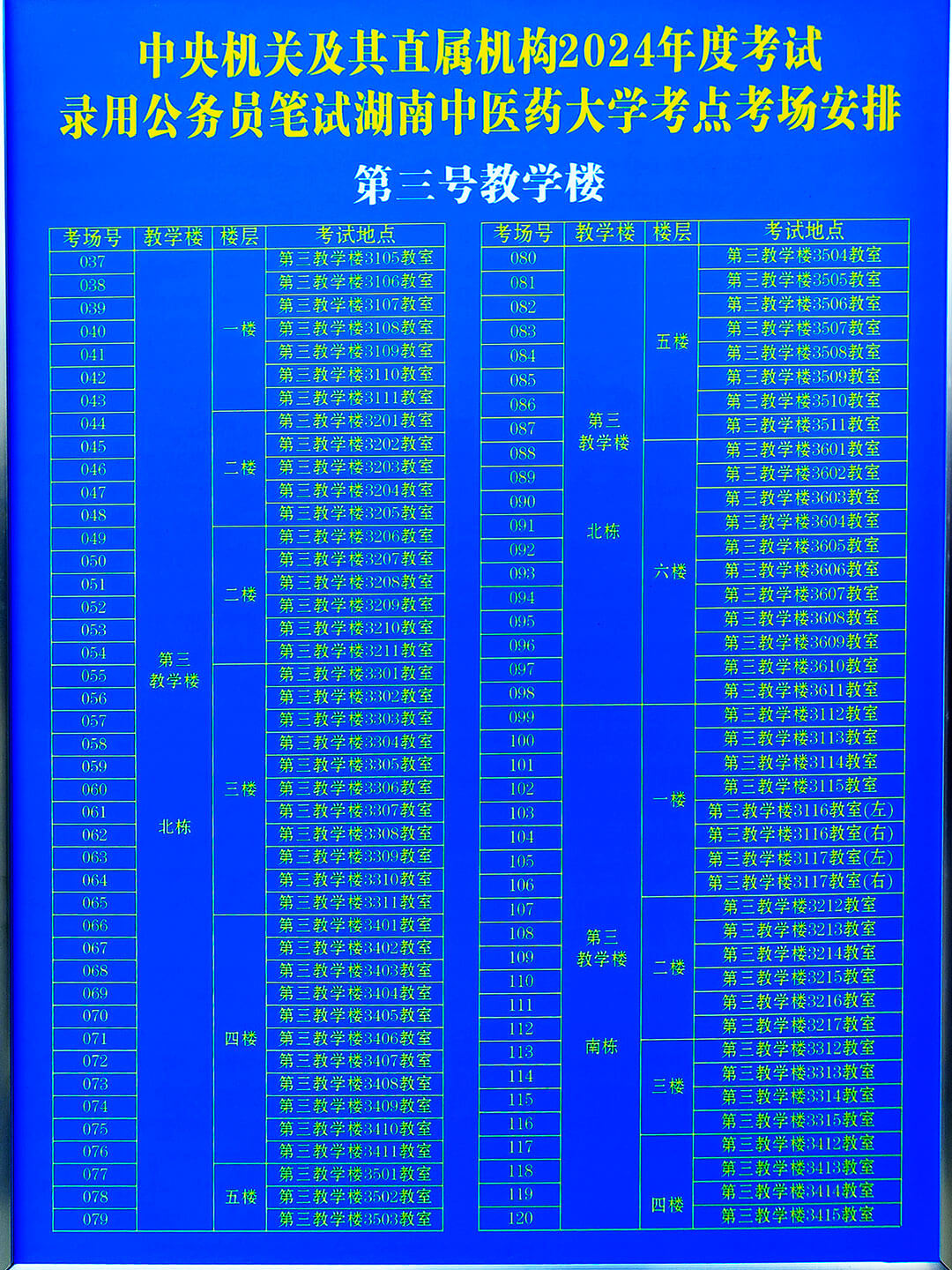 湖南中医药大学考点考场分布图第三号教学楼